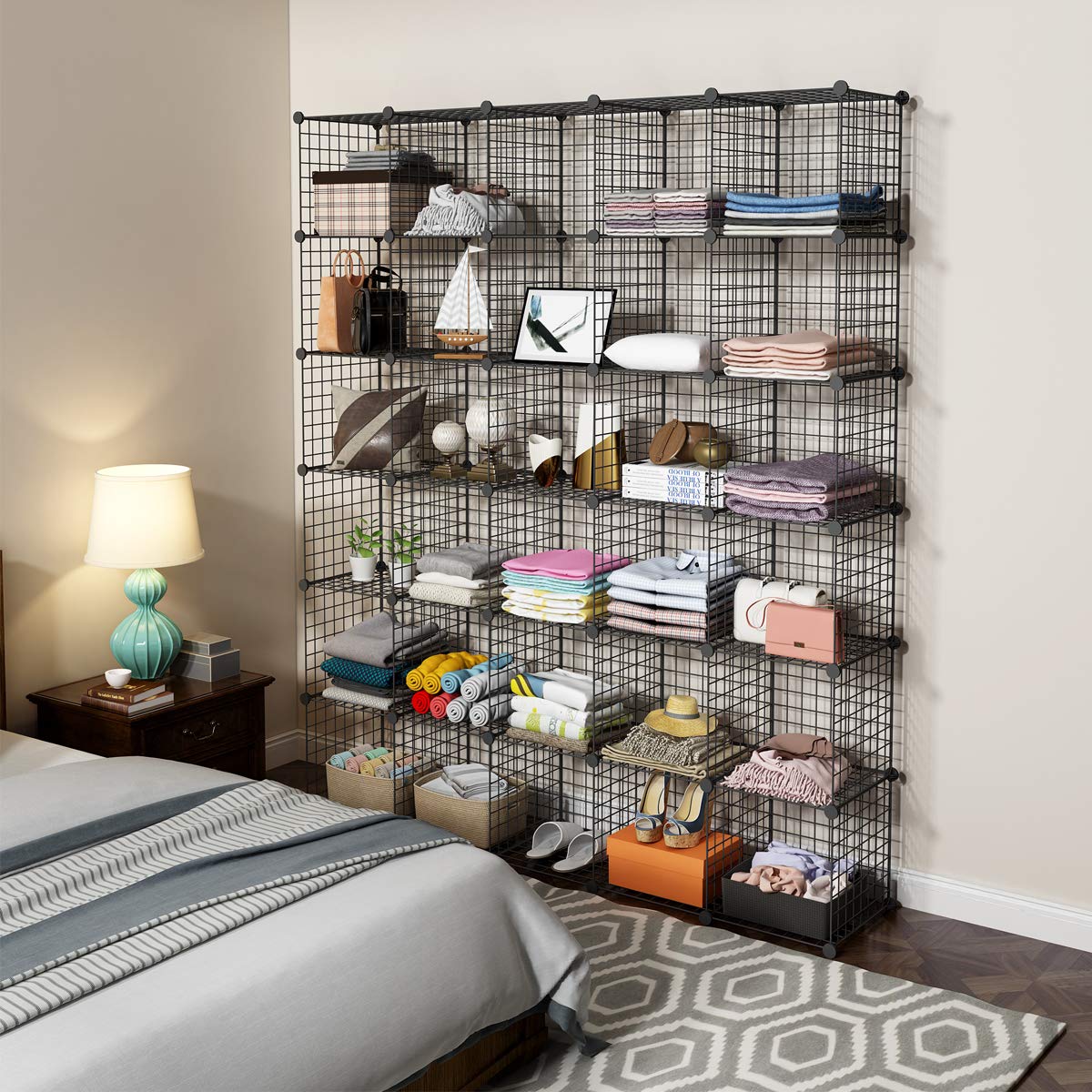 KOUSI 14"x14" Wire Cube Storage, Metal Grid Organizer, 30-Cube Modular Shelving Unit, Stackable Bookcase, Ideal for Living Room, Bedroom, Office, Garage