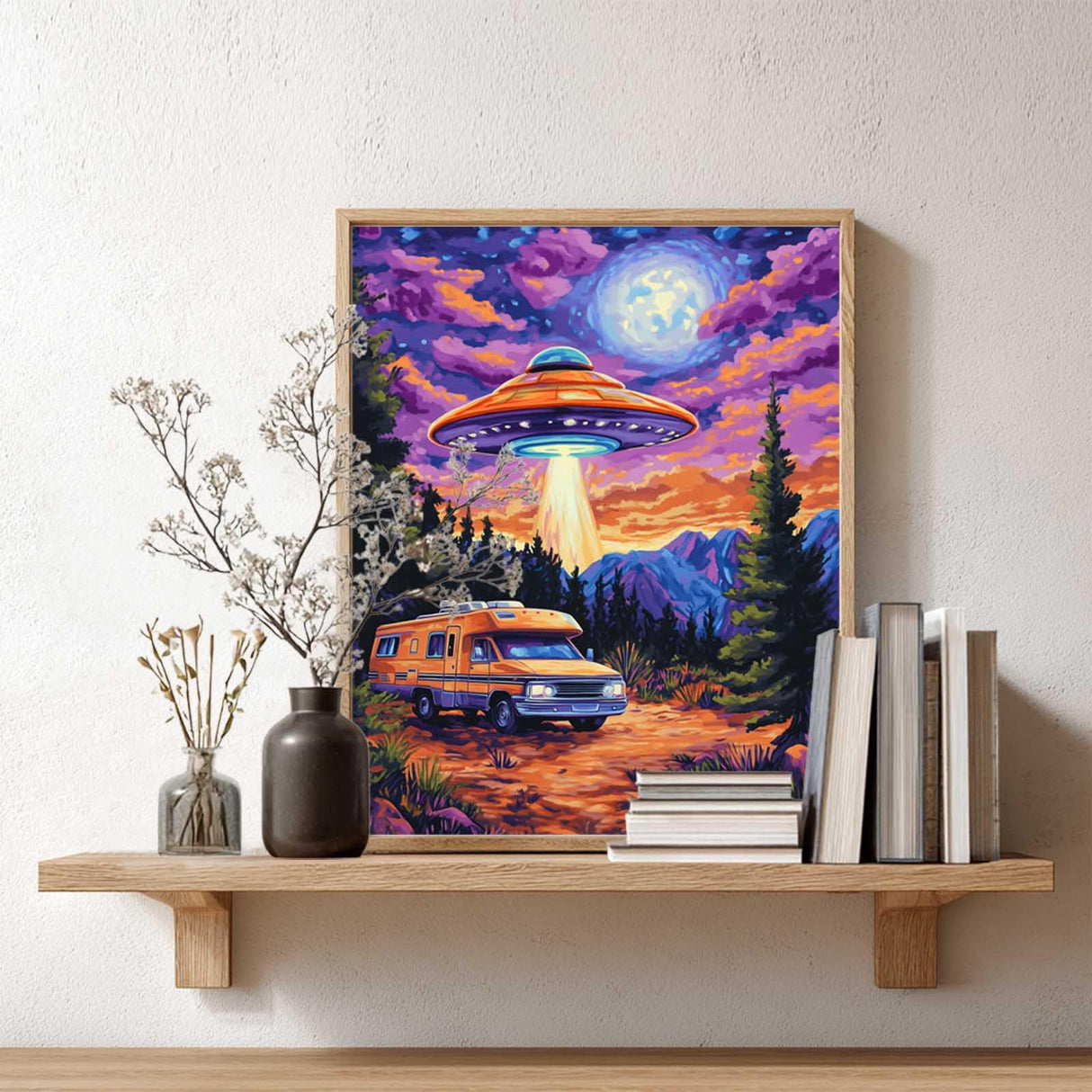 UFO Paint by Number, Funny Paint by Numbers Kit for Adults, Motorhome Poster Wall Art, Fantasy Acrylic Painting, Mountain Trees Landscape Home Wall Decor(16x20inch, Unframed) zouewit