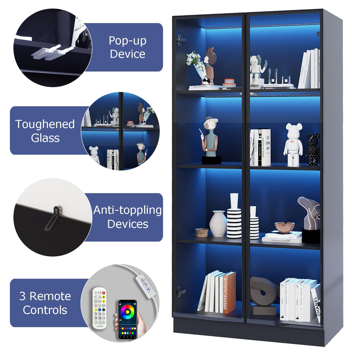 ZORPLIX Display Cabinet with LED Lights, Glass Display Case Cabinet with 4-Tier Shelves, Curio Cabinet with 2 Glass Doors, Storage Cabinet for Collectibles, Living Room ZORPLIX