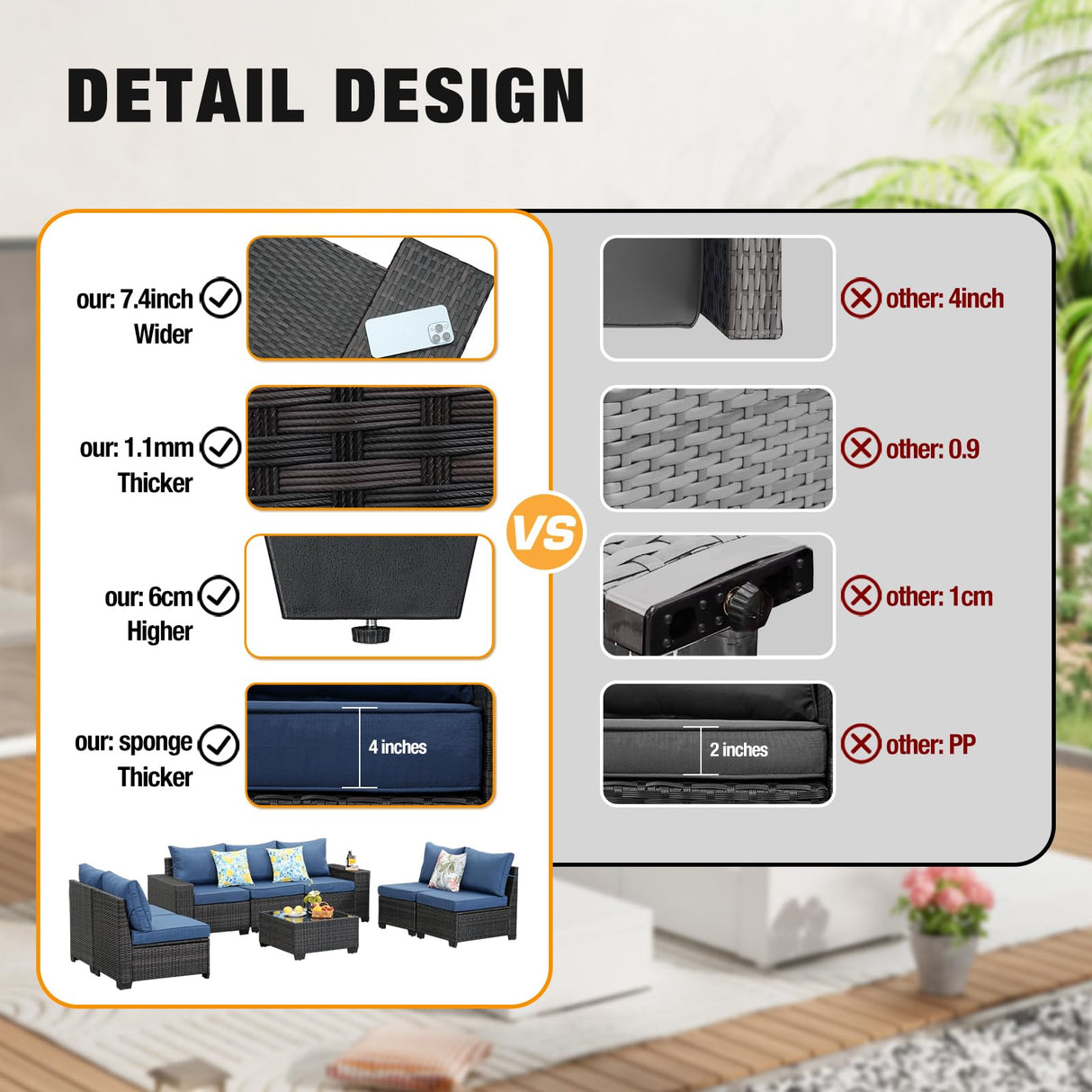 JOYURE 8 Pieces Patio Furniture Set All-Weather Outdoor Wicker Sectional Conversation Sofa Rattan Patio Seating Sofa with Cushion and Glass Table for Porch Poolside,Navy JOYURE