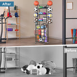 Shinoske Ball Storage Rack with Wheels,6-Tier Basketball Rack with Storage Basket and Hooks,Multi Use Garage Sports Equipment Organizer,for Sports Gear,Volleyball,Football,Indoor/Outdoor Use,Black Shinoske