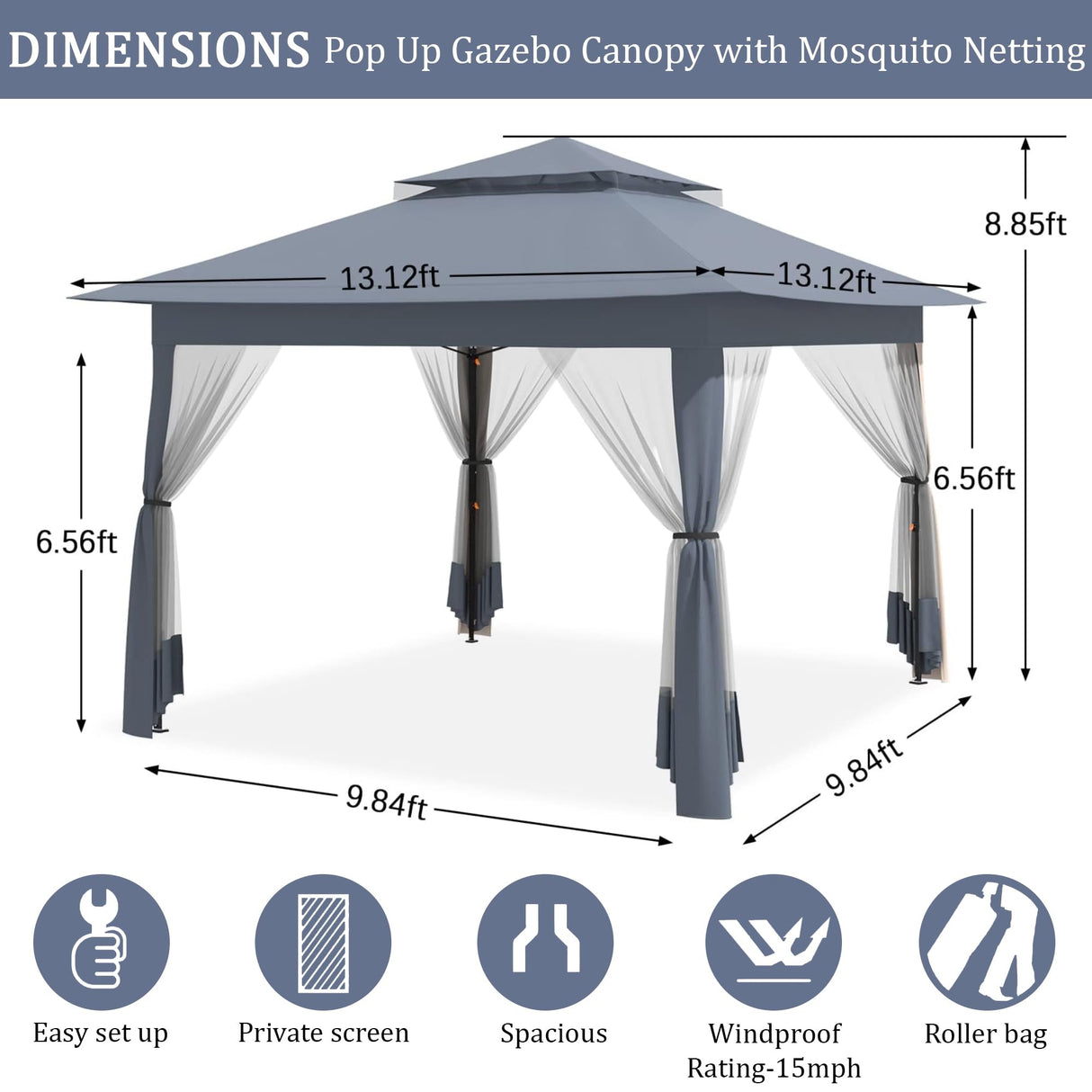 yoyomax 13X13 Outdoor Pop Up Gazebo with Netting, Portable Gazebo Waterproof Patio Canopy Shelter with Double Roof Tops and 169 Square Feet of Shade for Beach Parties, Camping and Picnics - Gray yoyomax