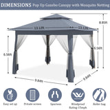 yoyomax 13X13 Outdoor Pop Up Gazebo with Netting, Portable Gazebo Waterproof Patio Canopy Shelter with Double Roof Tops and 169 Square Feet of Shade for Beach Parties, Camping and Picnics - Gray yoyomax