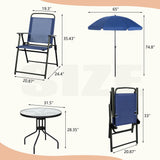 Vongrasig 6 Pieces Folding Patio Dining Set, All Weather Small Metal Outdoor Table and Chair Set, Garden Patio Furniture Set w/Umbrella, Glass Table & 4 Folding Chairs for Lawn, Backyard, Blue Vongrasig
