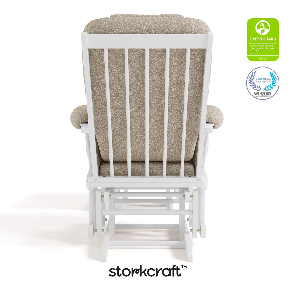 Storkcraft Tuscany Custom Glider and Ottoman with Free Lumbar Pillow (White/Taupe Swirl) - Cleanable Upholstered Comfort Rocking Nursery Chair with Ottoman Storkcraft