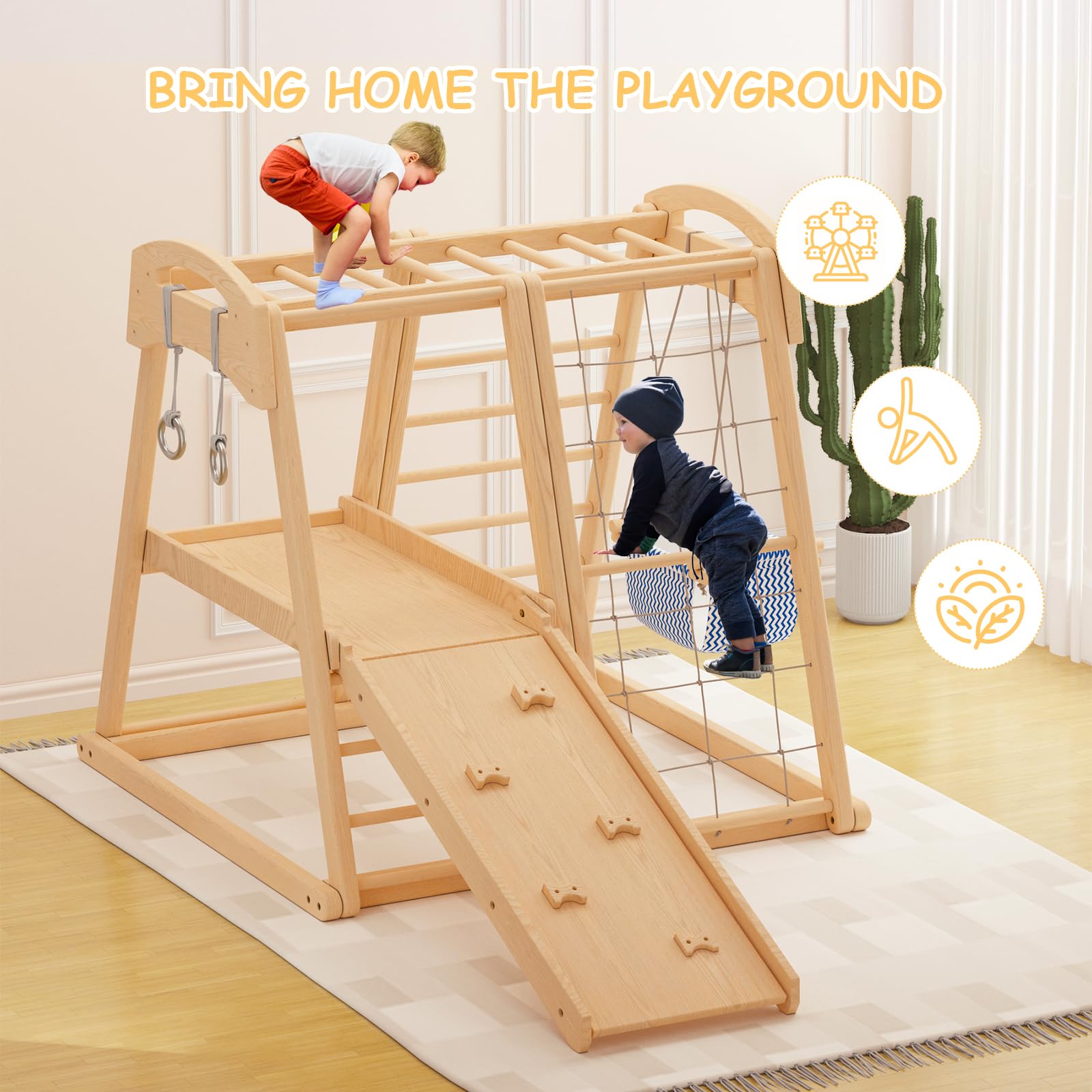 Jungle Gym, Indoor Playground 7-in-1 Toddler Climbing Toys Indoor with Monkey Bars, Rope & Wooden Ladder, Waiting Area, Swing, Climbing Rock, Arm Ring, Toddler Swing for 3-8 Years - WoodArtSupply