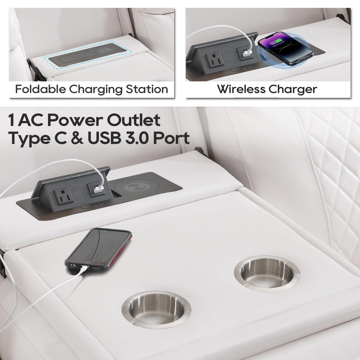 Power Recliner Sofa Set of 3 Piece with Bass Speakers for Living Room,Faux Leather Electric Zero Gravity 3 Seater Reclining Couch with Wireless Charger and Loveseat Theater Chair with LED Lights,White Comfort Stretch