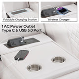 Power Recliner Sofa Set of 3 Piece with Bass Speakers for Living Room,Faux Leather Electric Zero Gravity 3 Seater Reclining Couch with Wireless Charger and Loveseat Theater Chair with LED Lights,White Comfort Stretch