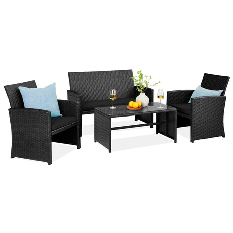Best Choice Products 4-Piece Outdoor Wicker Patio Conversation Furniture Set for Backyard w/Coffee Table, Seat Cushions - Black/Black Best Choice Products