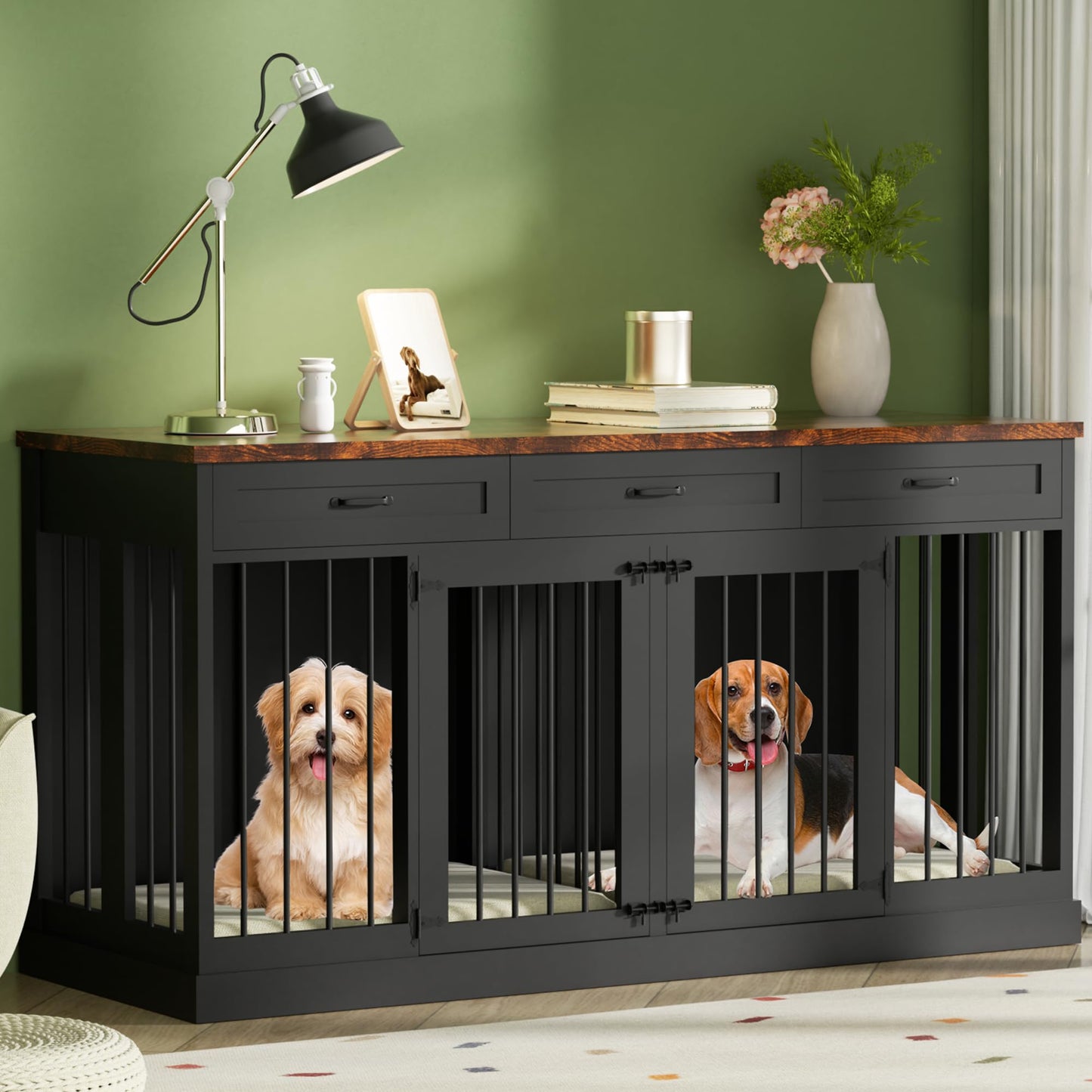 63 inches Large Dog Crate Furniture for 2 Dogs Double Dog Crate Wooden Heavy Duty Dog Kennel Furniture TV Stand with 3 Drawers for Large Medium Dogs,Black