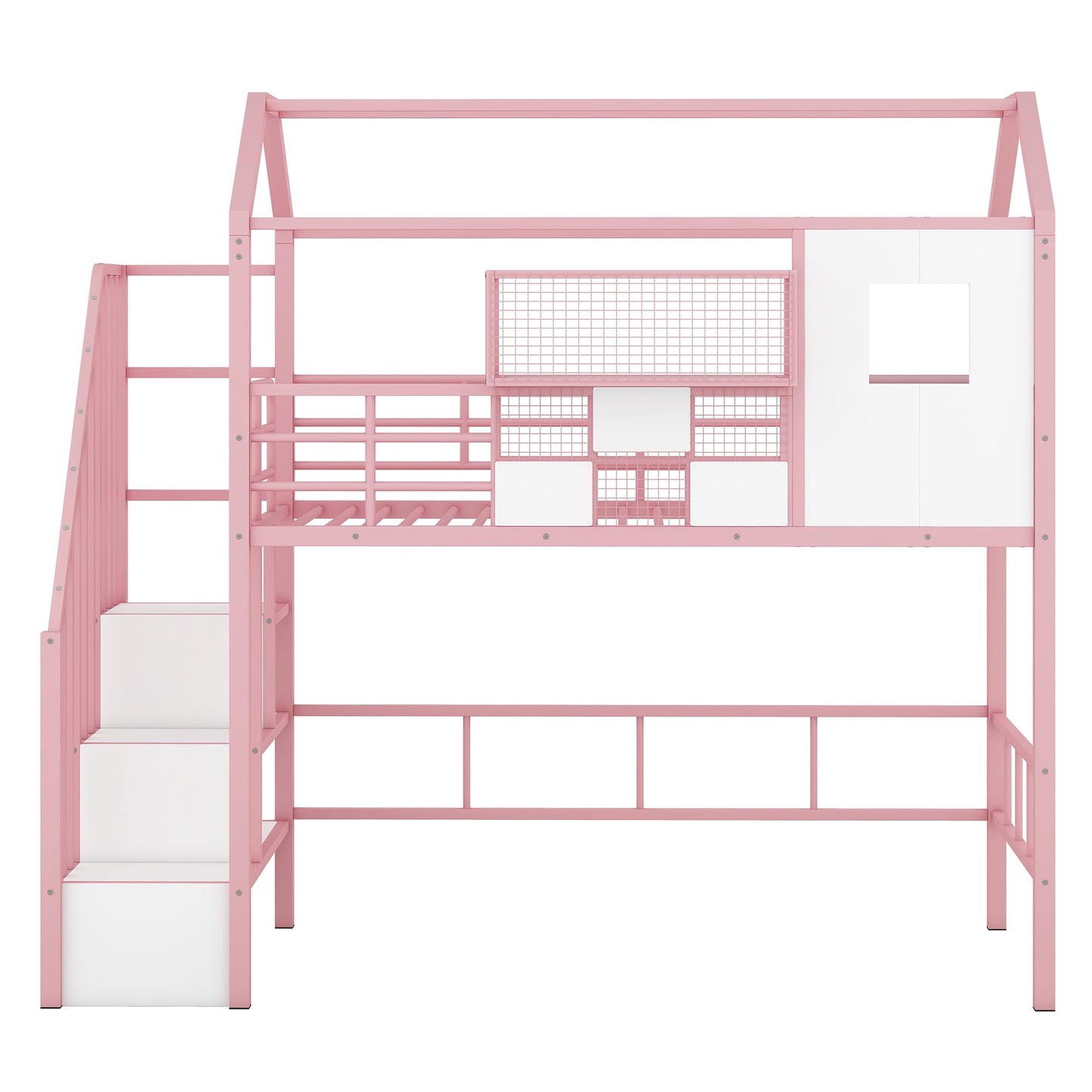 Harper & Bright Designs House Loft Bed with Stairs, Metal Twin Loft Bed Frame with Roof and a Storage Box, Modern Style Heavy-Duty Steel Frame Loft Bed with Safety Rail, for Kids Teens (Twin, Pink)