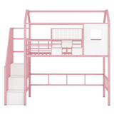 Harper & Bright Designs House Loft Bed with Stairs, Metal Twin Loft Bed Frame with Roof and a Storage Box, Modern Style Heavy-Duty Steel Frame Loft Bed with Safety Rail, for Kids Teens (Twin, Pink) Harper & Bright Designs