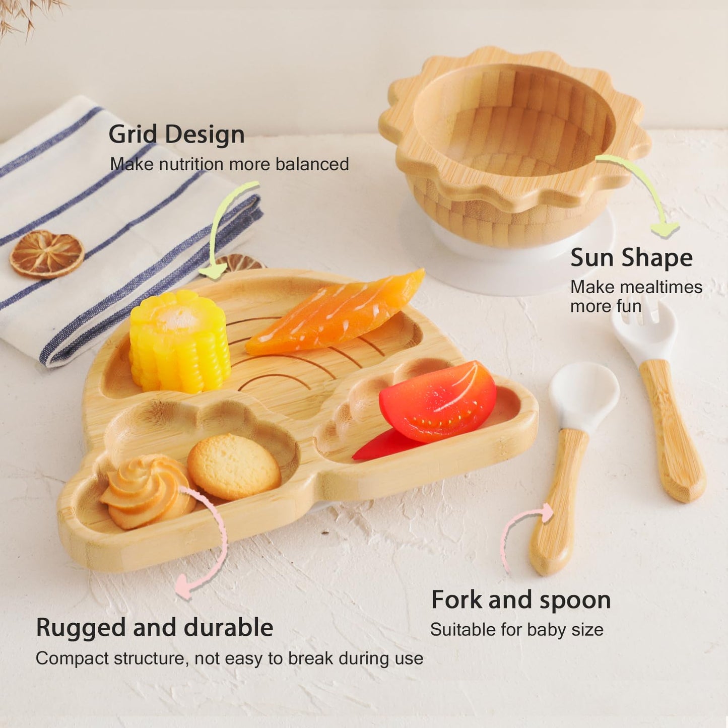 Bamboo Suction Plates Bowls Set for Baby Toddler Divided Platter Food bowl with Silicone Fork & Spoon All-Natural Baby Feeding Set for Baby-Led Weaning, Non-Slip Design