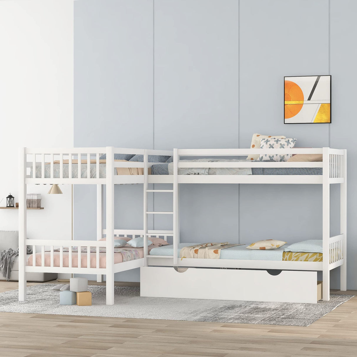 L-Shaped Bunk Bed with Drawers, Bunk Bed for 4 Twin Over Twin for Kids/Teen Wood Quad Bunk Beds Frame, White Bellemave