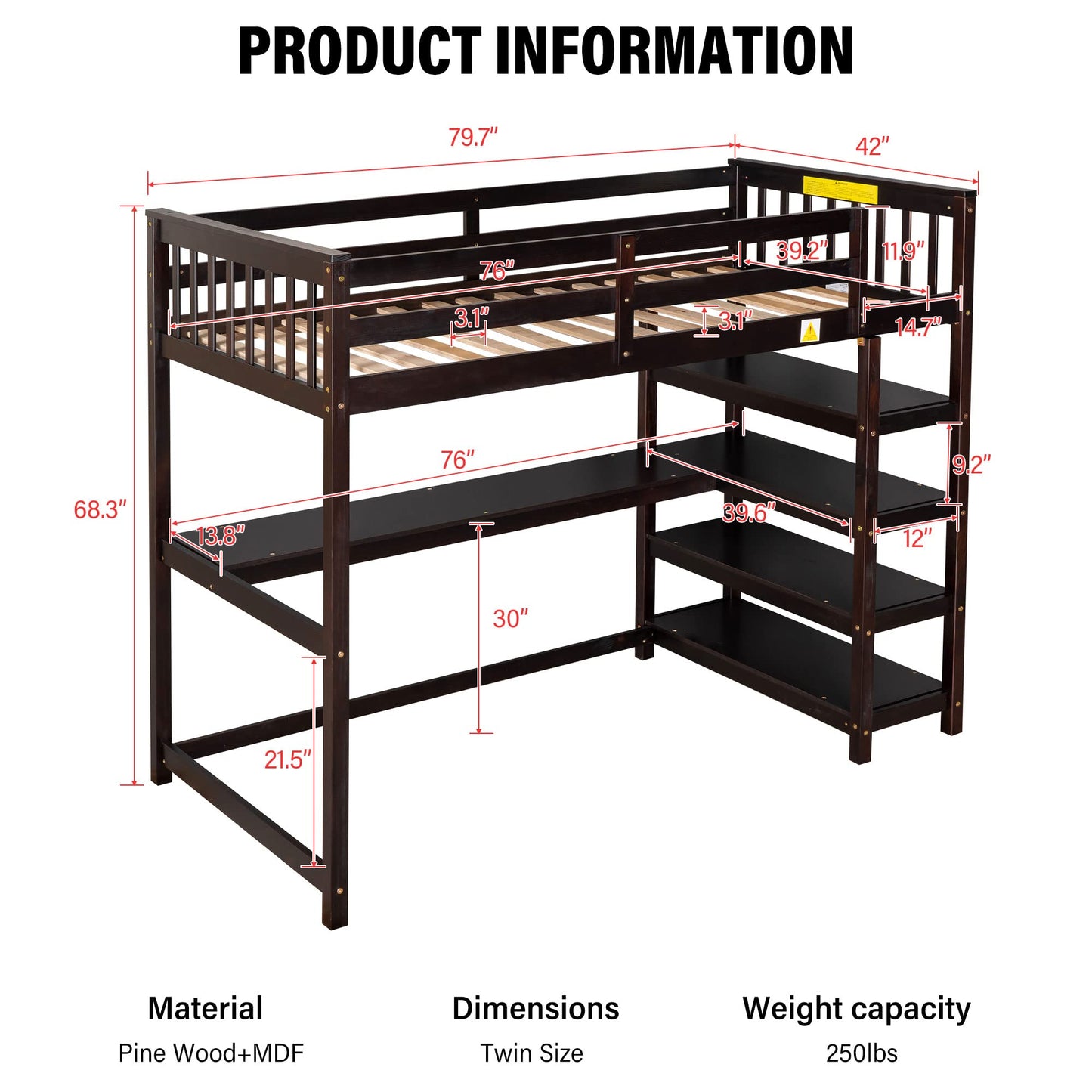 Revamp your space with the Merax Espresso Twin Loft Bed featuring a Desk and Storage Shelves - WoodArtSupply