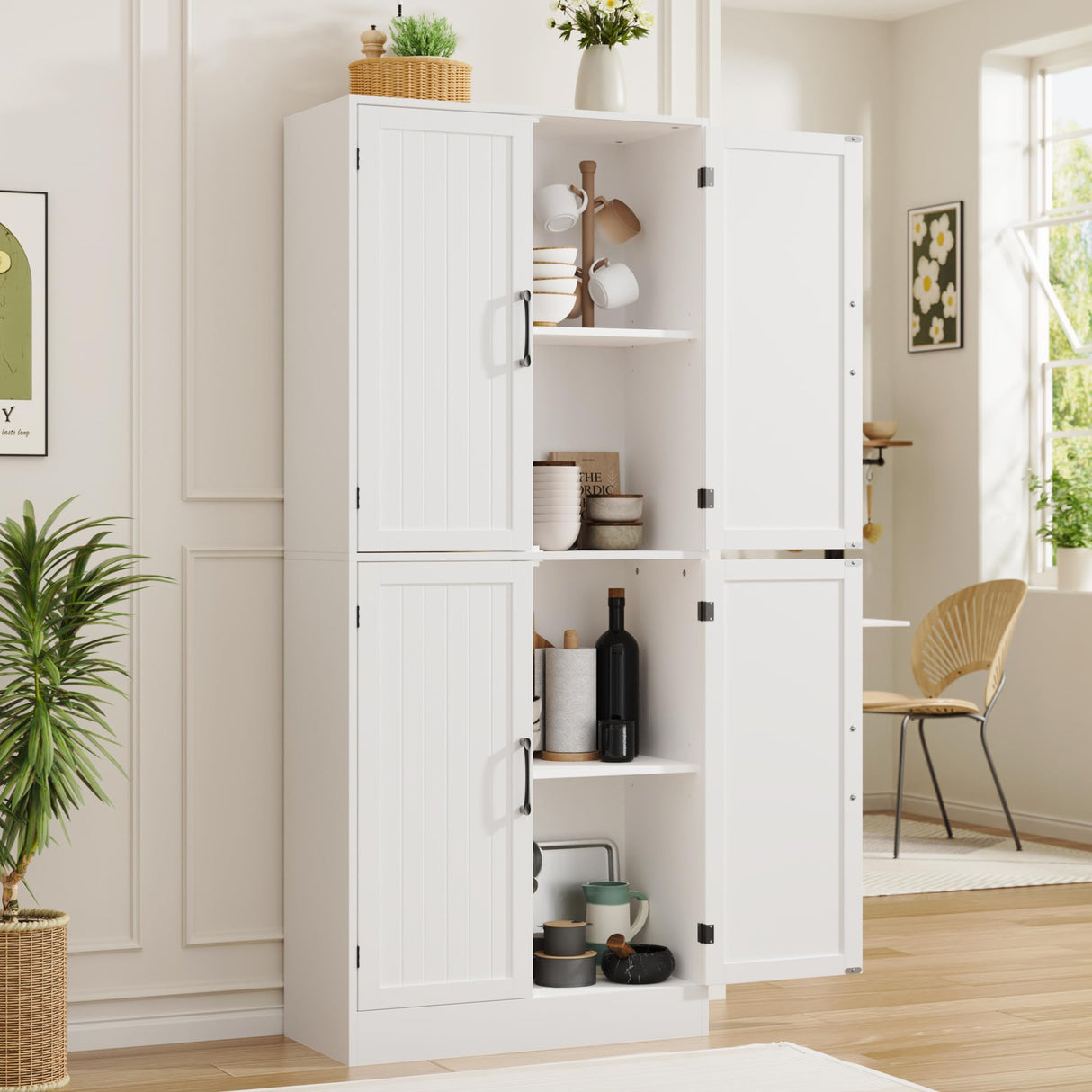 MHOM 71" Farmhouse Pantry Cabinet, Tall Storage Cabinet with 4 Doors and Adjustable Shelves, Freestanding Pantry for Dining Room, Kitchen, and Living Room, White MHOM