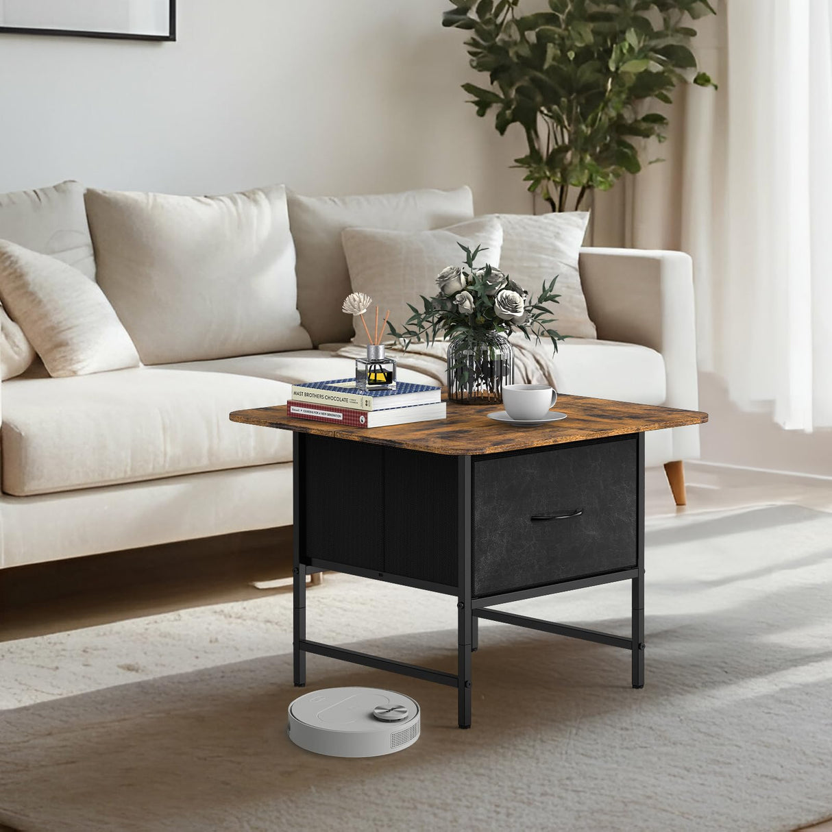 Shinoske Square Coffee Table with Storage Drawer,Small Coffee Tables for Living Room,2-Tier Farmhouse Center Table with Round Corners for Small Space,Small Apartment,Office,Rustic Brown Shinoske