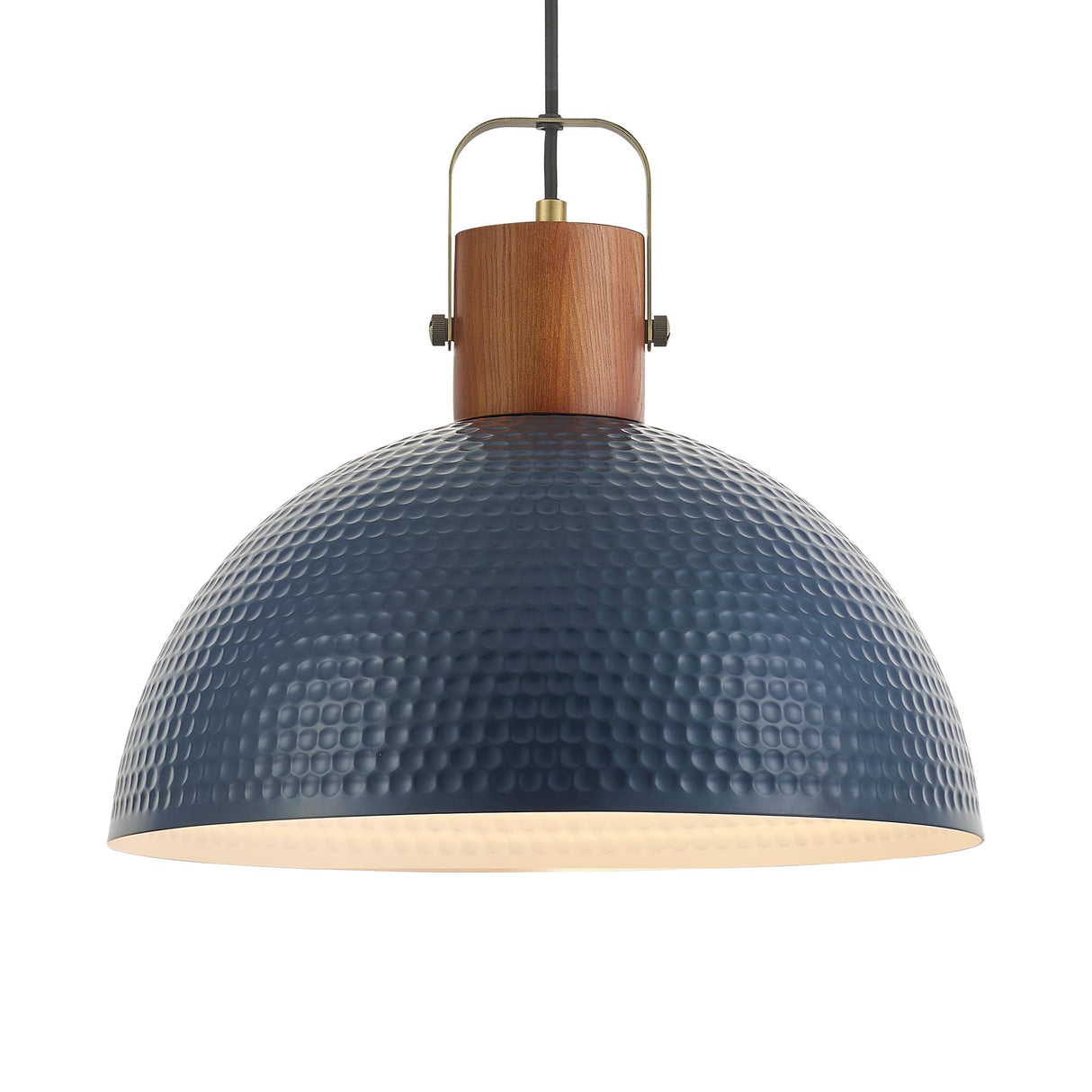 ELYONA 16” Large Ash Wood Pendant Light with Hammered Blue Metal & Brushed Brass Handle Large Pendant Light Fixtures Modern Dome Hanging Lamp for Kitchen Island, Dining Table, Bedroom, Hallway ELYONA