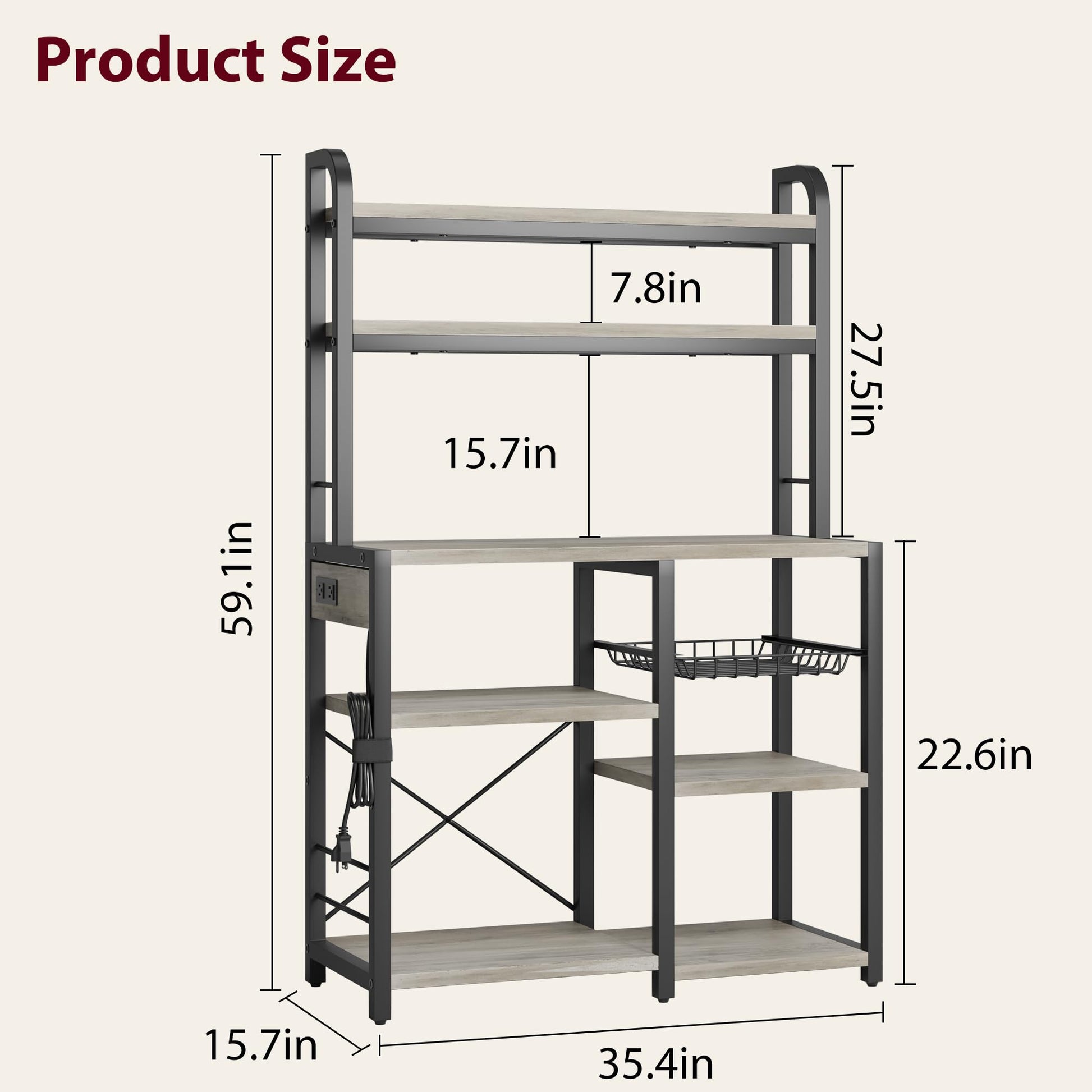 IDEALHOUSE Rustic Gray Bakers Rack with Power Outlet and Large Storage Capacity - WoodArtSupply