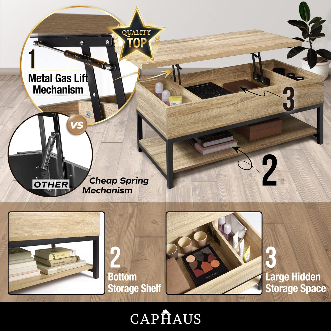 CAPHAUS Lift Top Coffee Table w/Storage, Coffee Table w/Bottom Open Shelf, Storage Coffee Table w/Lift Top for Living Room, Rising Top Coffee Table w/Hidden Compartment Storage, 41" Natural O - WoodArtSupply