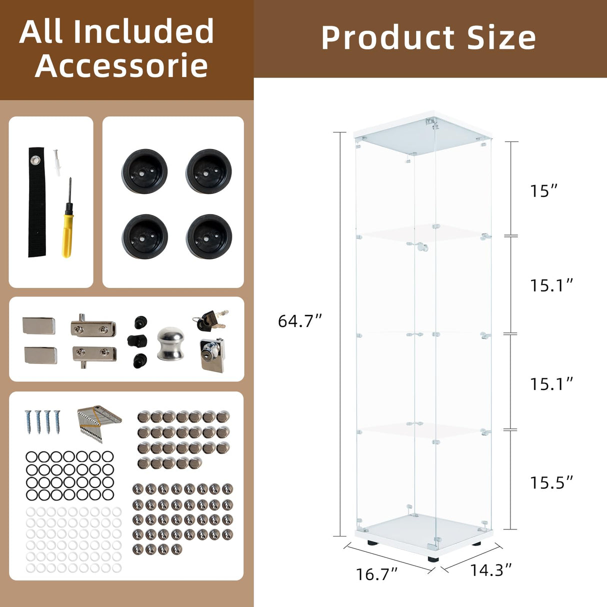 GDJAASJI Display Cabinet with Glass Door and Lock, 4-Shelf Fast Installation Curio Cabinets with 5mm Tempered Glass Floor Standing Bookshelf for Bedroom, Living Room (64" Hx 16.7" W x 14.3" D, White) GDJAASJI