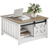 DWVO Farmhouse Storage Coffee Table: Wooden Square Center Table with Sliding Barn Door, Half Open Storage for Living Room, Grey/White DWVO