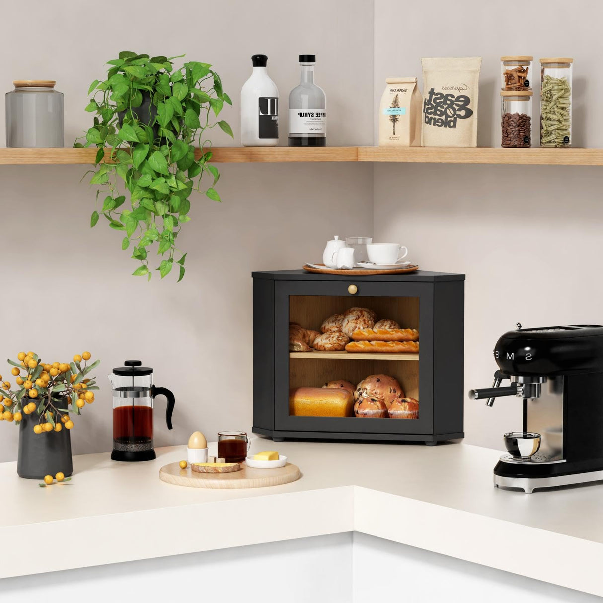 Goozii Corner Bread Box for Kitchen Countertop, Black Bread Storage Container for Homemade Bread, Two Layer Breadbox under Cabinet Mount, Large Bread Holder for Kitchen Counter, Panry Shelf Goozii