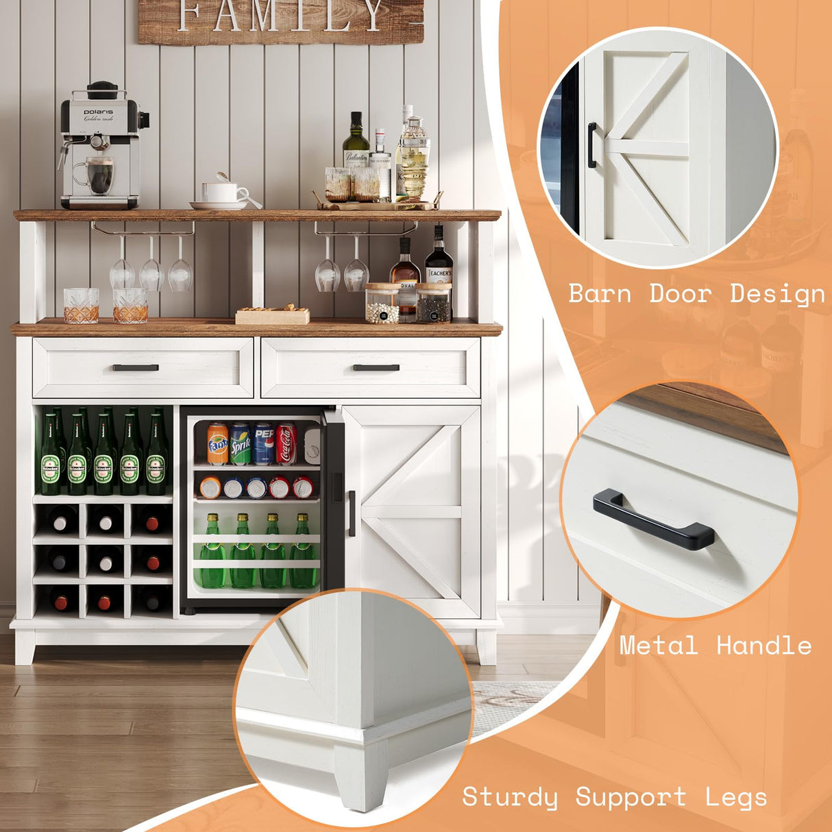 AMERLIFE 47" Farmhouse Coffee Bar Cabinet with 15" Refrigerator & Wine Rack & Glass Holder, Wine Cabinet with Storage Drawers & Open Shelves, Sideboard Buffet Cabinet for Dinging Room, Living Room AMERLIFE