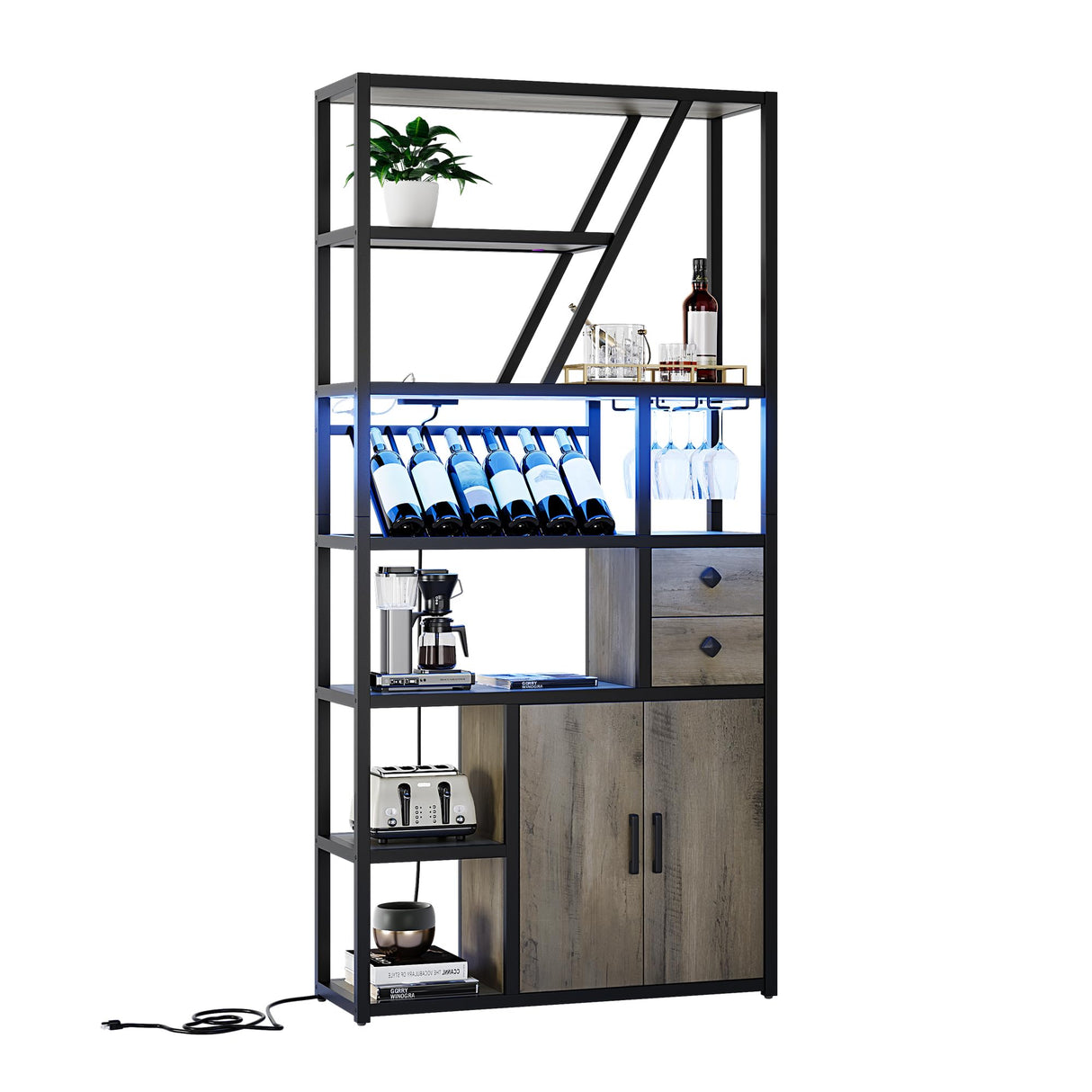 Wine Bar Cabinet with LED Lights and Power Outlets – Tall Coffee Bar Station with Wine Rack, Kitchen Microwave Stand and Bakers Rack – Stylish Cabinet for Living Room, Home, Dining Room, Grey GAOMON