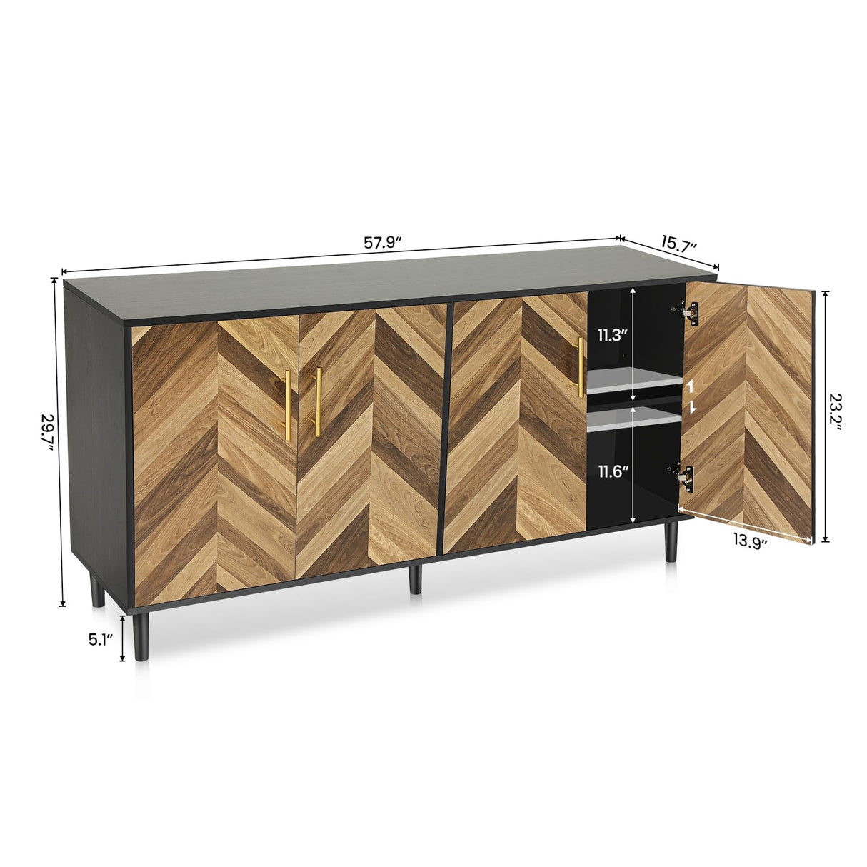 Likein Modern Sideboard Buffet Cabinet 58" with 4 Doors, Long Coffee Bar Credenza Storage Cabinet with Adjustable Shelves, Console Table for Dinning room, Living Room, Hallway, Bedroom, Black Brown Likein