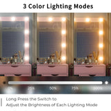 Yanosaku 15 Drawers Vanity Desk with Power Outlet, Makeup Table with Mirror and 13 LED Lights, 3 Color Lighting Modes, Brightness Adjustable, Glass Top Dressing Table, Vanity Set for Bedroom (Pink) Yanosaku