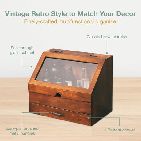Vintage Tabletop Organizer with Glass Top Compartment -2-Tier Display Cabinet for Desk - Wooden Desktop Storage Box with Drawer and See-through Cabinet - Mahogany Brown Organizing Unit Woodaholic