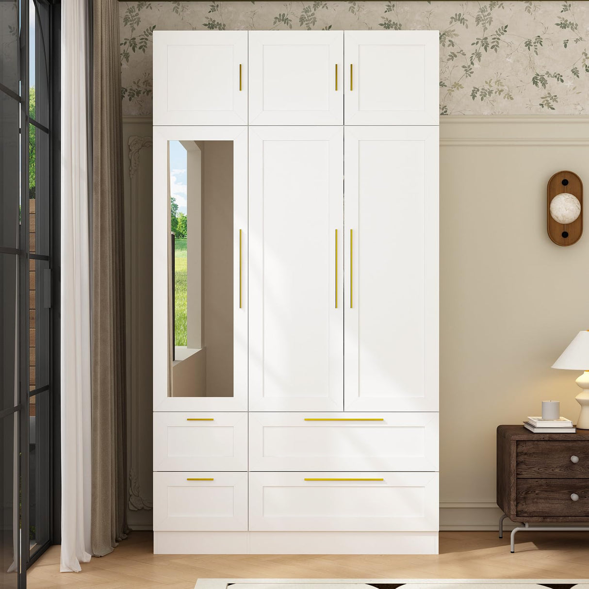 TAMUNE Wardrobe Closet with Mirror, 3 Door Wardrobe with Hanging Rod, 4 Drawers, Shelves, Modern Bedroom Armoire with Gold Handles, White Clothes Cabinet, 20.5”D x 47”W x 86.7”H TAMUNE