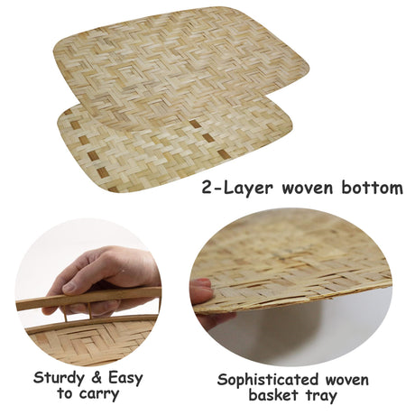 PEMAR Set of 6 Bamboo Wicker Serving Trays for Foods and Drinks, Rectangular Lap Trays for Breakfast. Decorative Bamboo Wood Basket Platters for Coffee Table, Picnic, Bed Eating PEMAR