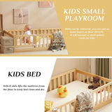 Karl home Toddler Floor Bed with Door and Fence for Kids, Montessori Bed with 12 Slats and Safety Guardrails,Kids Bed Solid Wood Twin Bed Frame for Girls, Boys (Natural) Karl home