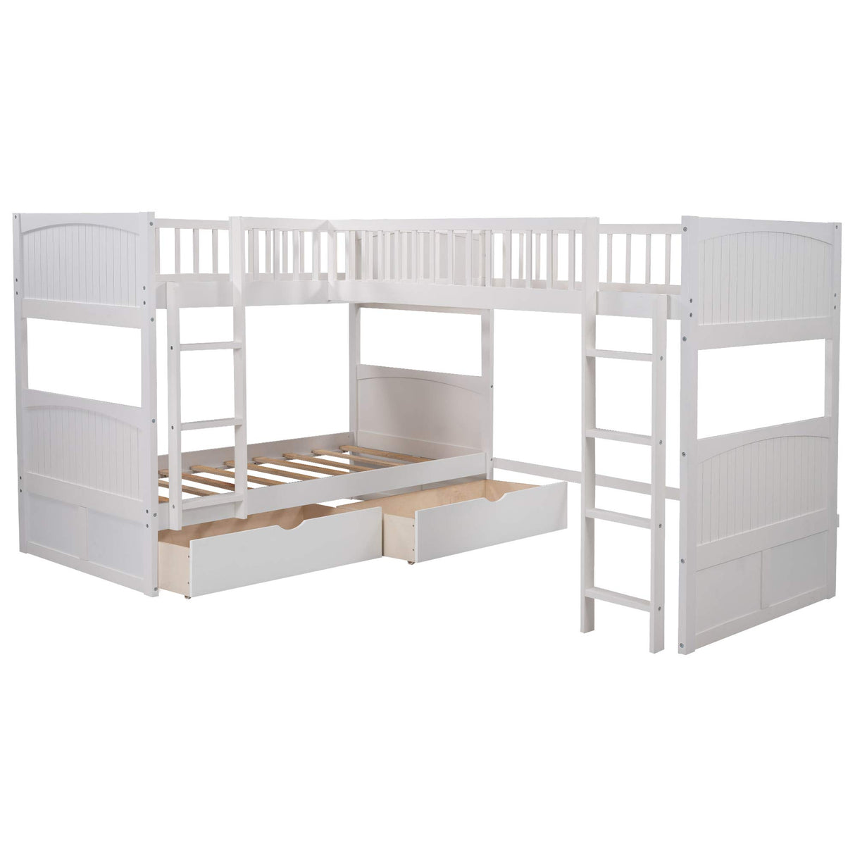 SOFTSEA Twin Over Twin Bunk Bed with Loft Bed Attached, L Shaped Triple Bunk Beds for Kids, Twin Size Wood Bunk Bed Frame with 2 Drawers and Ladder, White SOFTSEA