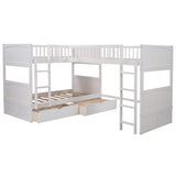 Merax L Shaped Solid Wood Bunk Bed, Twin Over Twin Over Twin Bed with 2 Drawers and 2 Ladders, Twin Size Bunk Bed with a Loft Bed Attached, White Merax