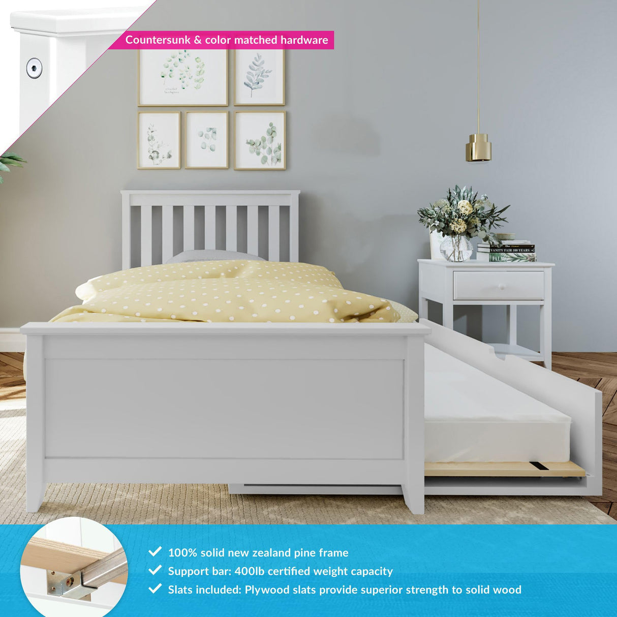Max & Lily Twin Bed, Wood Bed Frame with Headboard For Kids with Trundle, Slatted, White Max & Lily