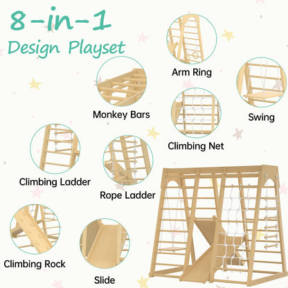 Indoor Jungle Gym, 66inch Toddler Climbing Toys Indoor, 8-in-1 Indoor Playground for Toddler 1-3 with Swing, Armband, Rock Climb Wall, Slide, Monkey Bar, Wood & Rope Ladder, Rope Wall Ladder