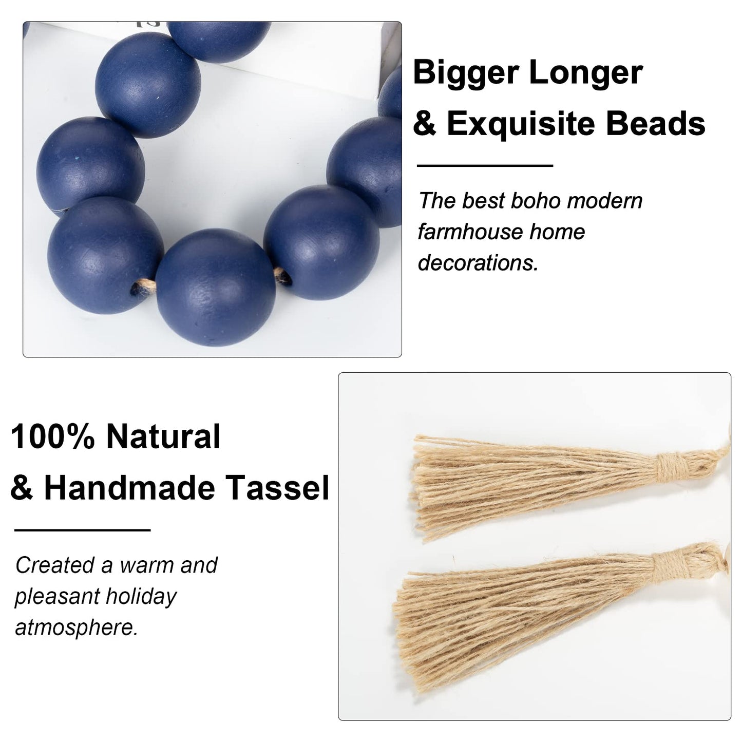 OMISHE Large Wood Bead Garland Navy Blue with 1.6" Diameter Wooden Beads and Tassels, Decorative Beads Decorations, 41" Long Rustic Farmhouse Country Wood Beads Garland for Home Wooden Decor Navy Blue