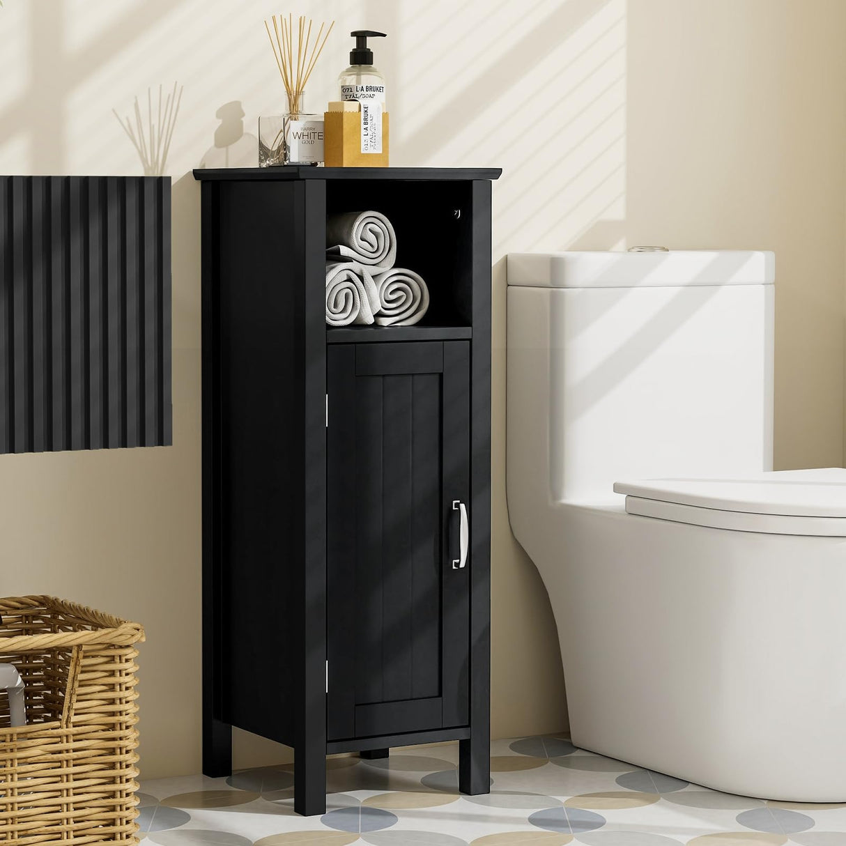 Tangkula Bathroom Floor Cabinet, Storage Cabinet with Anti-Tipping Device, 3-Height Adjustable Shelf, Wood Freestanding Side Cabinet for Bathroom Home Office, 12 x 12 x 31.5 Inches (Black) Tangkula