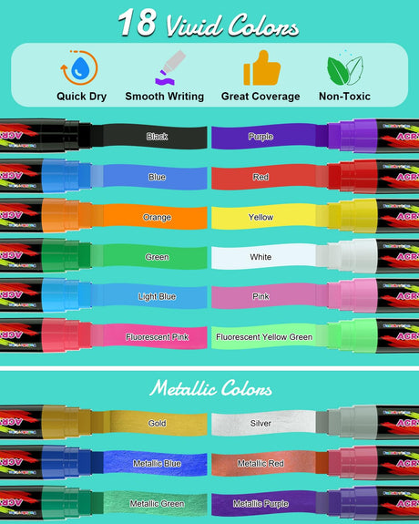 FansArriche Acrylic Paint Markers, 15mm Jumbo Felt Tip, 18 Colored Waterproof and Permanent Paint Pens for Tagging, Signs, Calligraphy, and Outdoor Paintings FansArriche