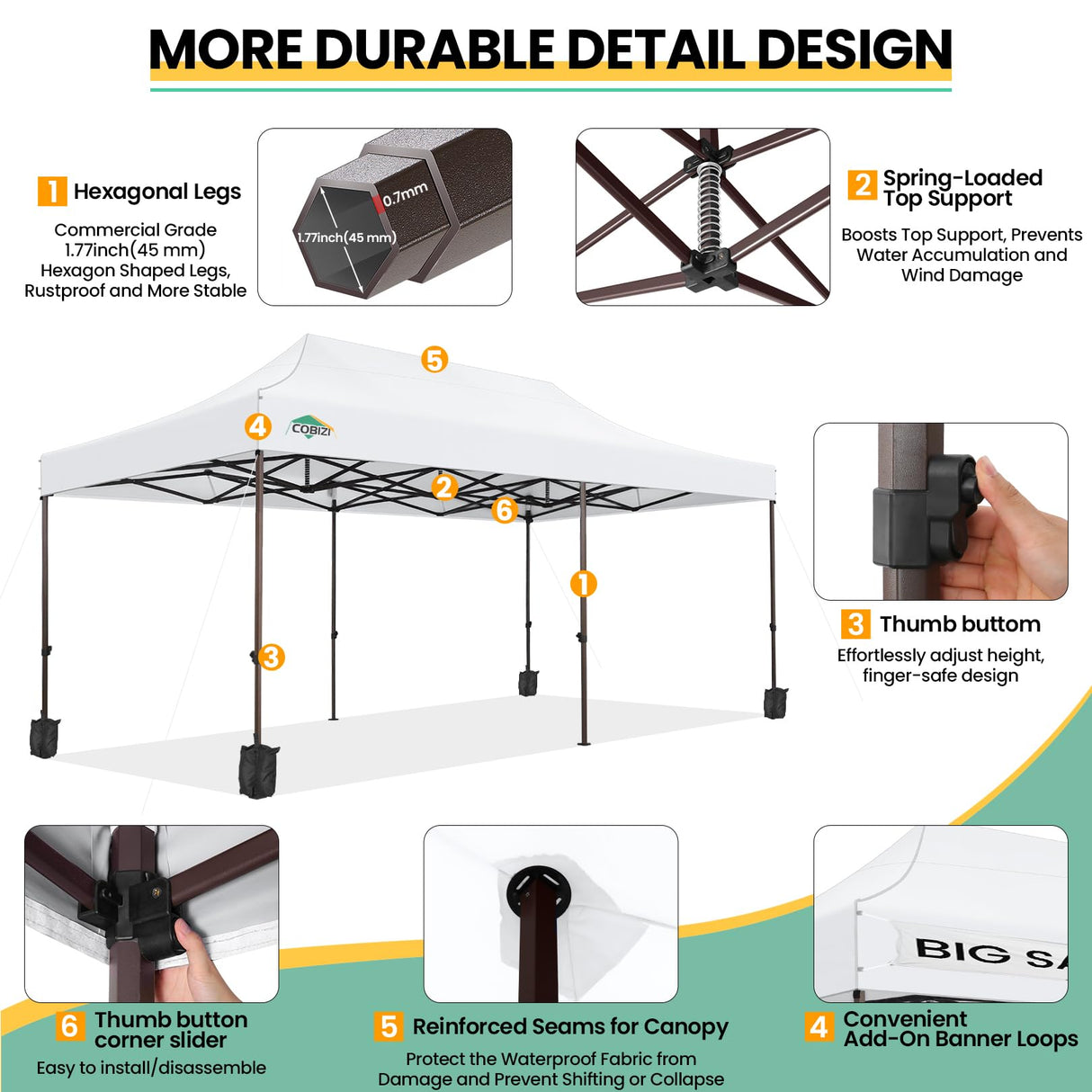 COBIZI 10x20 Pop up Canopy Without Sidewall Heavy Duty Commercial Outdoor Gazebo Easy Up Wedding Party Tents for Parties with Roller Bag, All Season Wind & Waterproof UPF50+(Upgrade Hexagonal Tube) COBIZI