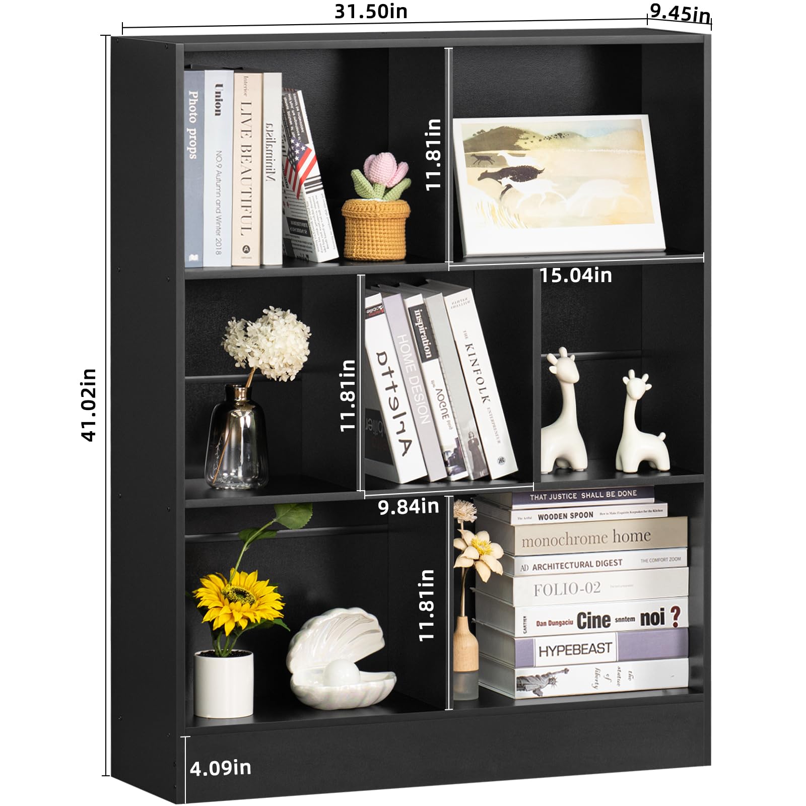 YAHARBO 7 Cube Black Wooden Bookshelf - 3 Tier Modern Organiser for Home and Office - WoodArtSupply