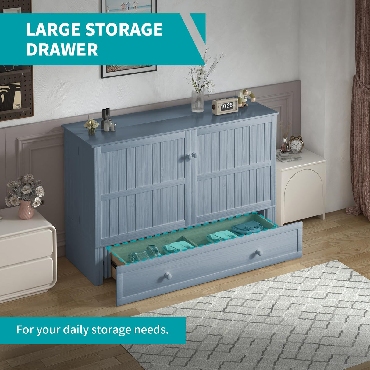 BALUS Queen Murphy Bed with Built-in USB Charging Station, Cube Cabinet Bed with Tri-Folding Memory Foam Mattress, 2 Storage Drawers, Space-Saving Wall Chest Beds for Guest Room/Apartment, Grey-Blue BALUS