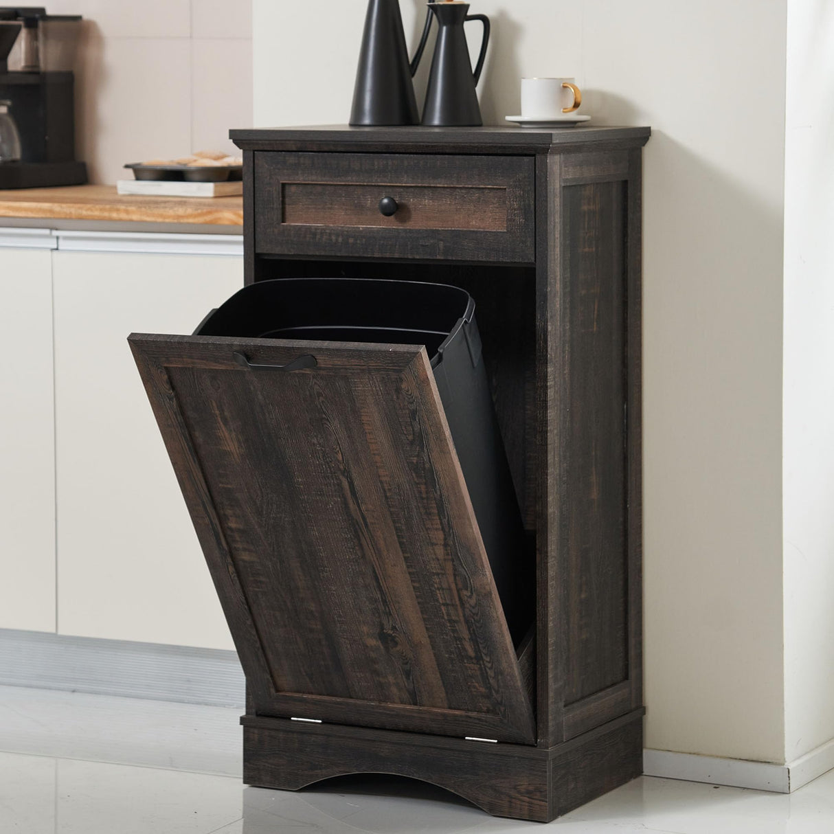 AHB 13 Gallons Tilt Out Trash Cabinet Free Standing Kitchen Trash Cabinet Recycling Garbage Cabinet with Hideaway Drawer Pet Proof Trash Can Holder for Kitchen Living Room, Rustic Brown AHB