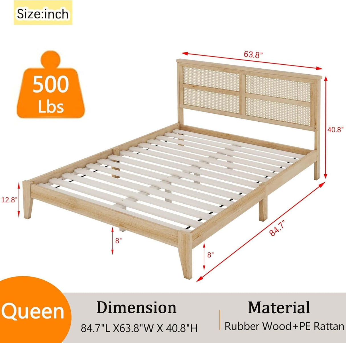 Queen Size Rattan Bed Frame, Natural Wood Bed Frame with Support Legs, Platform Bed with Rattan Headboard, Queen Bed Frame with Storage Underneath, No Box Spring Needed, White Oak RuiSiSi