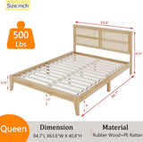 Queen Size Rattan Bed Frame, Natural Wood Bed Frame with Support Legs, Platform Bed with Rattan Headboard, Queen Bed Frame with Storage Underneath, No Box Spring Needed, White Oak RuiSiSi