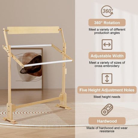 Cross Stitch Frame Wooden Embroidery Floor Stand 360° Rotation Needlework Stand Frame Holder Lap Hands Stand with Adjustable Frame 75 x 40cm Greensen