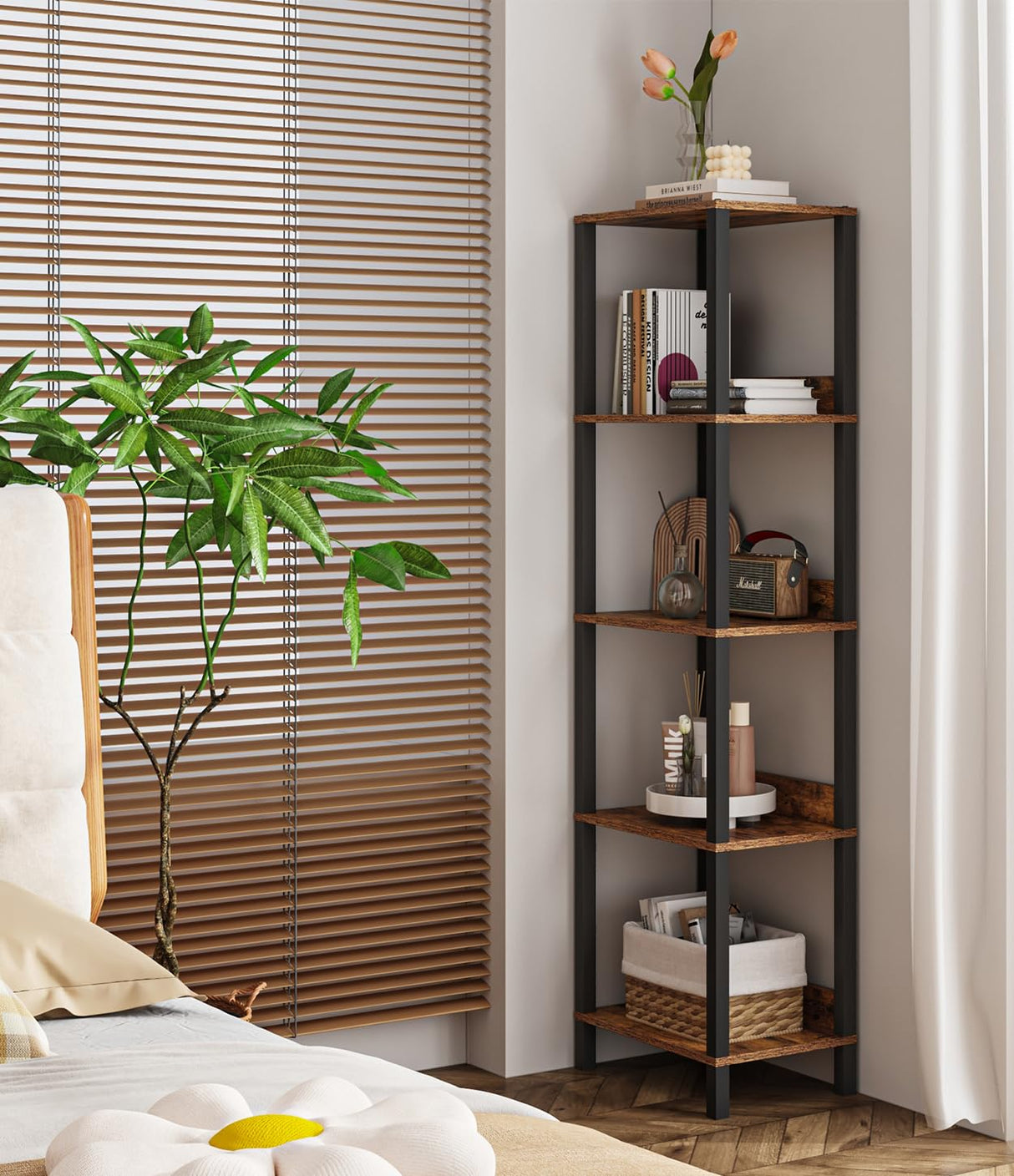 VIMBER 5-Tier Bookshelf with Anti-Fall Baffle, Tall Bookcase for Books, Garage Kit, CDs, Movies, Industrial Standing Bookshelves Storage Organizer for Bedroom Office Living Room USSJ001F VIMBER